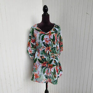 West Loop Green Orange Floral Leaf Drawstring Waist Beach Swim Cover Up Dress OS